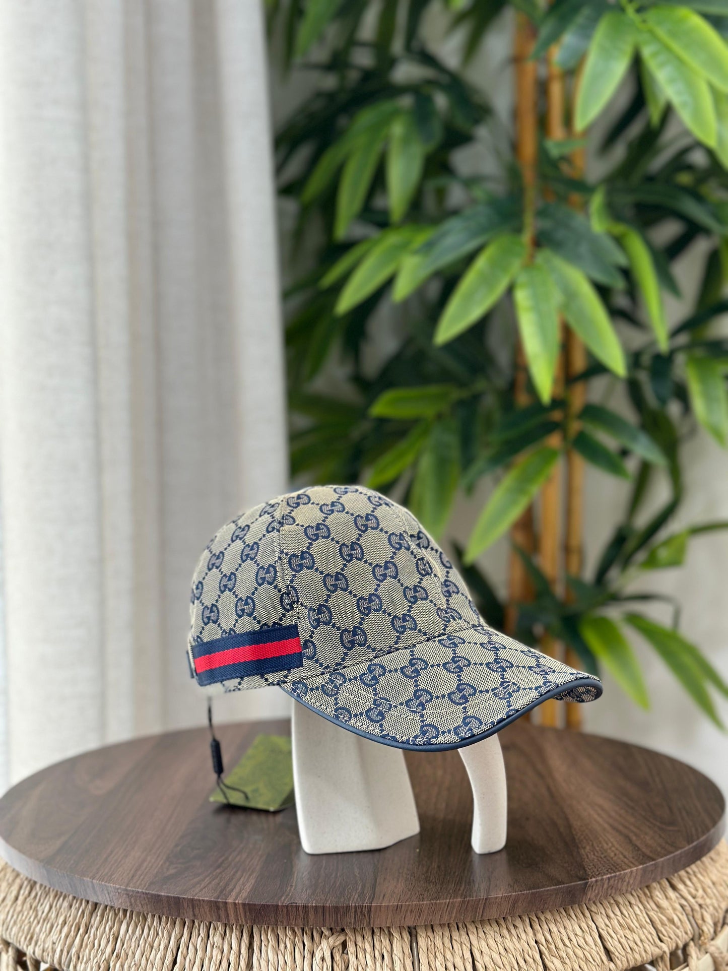 Gucci GG Canvas Baseball Hat with Web Stripe (Beige/Blue)