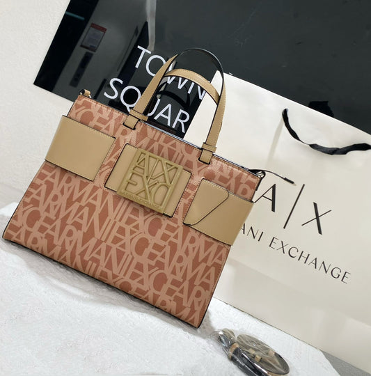 Armani Exchange Logo All-Over Tote Bag (Tan/Camel)