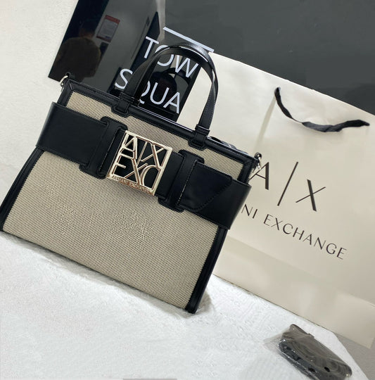 Armani Exchange Straw-Effect Logo Tote Bag (Beige/Black)