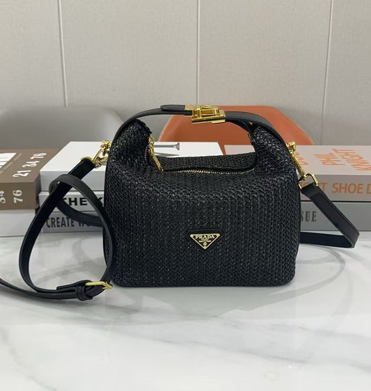 Prada Arqué Small Crochet and Leather Shoulder Bag (Black)
