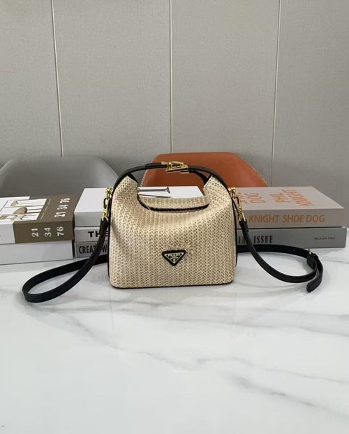 Prada Arqué Small Crochet and Leather Shoulder Bag (Natural/Black)