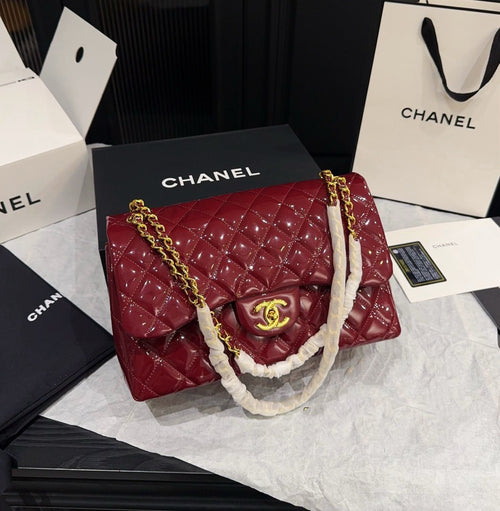 Chanel Classic Double Flap Bag (Burgundy Patent Leather with Gold Hardware)
