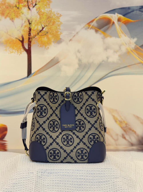 Tory Burch T Monogram Jacquard Small Bucket Bag (Tory Navy)