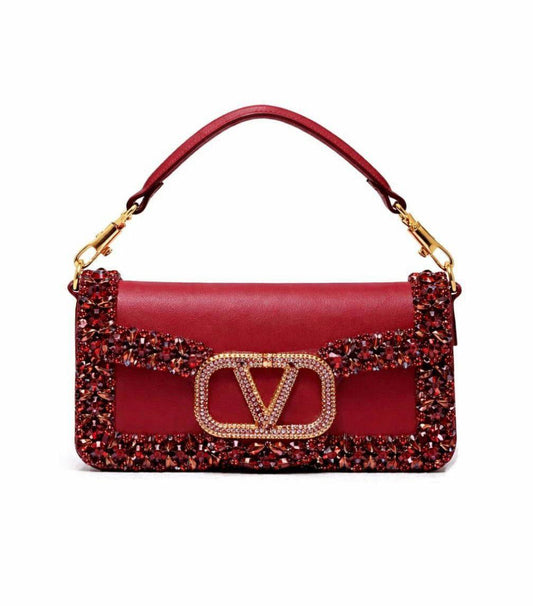 Valentino Garavani VLogo Locò Crystal-Embellished Leather Shoulder Bag (Red)