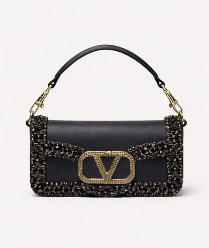Valentino Garavani VLogo Loco Crystal-Embellished Leather Shoulder Bag (Black)