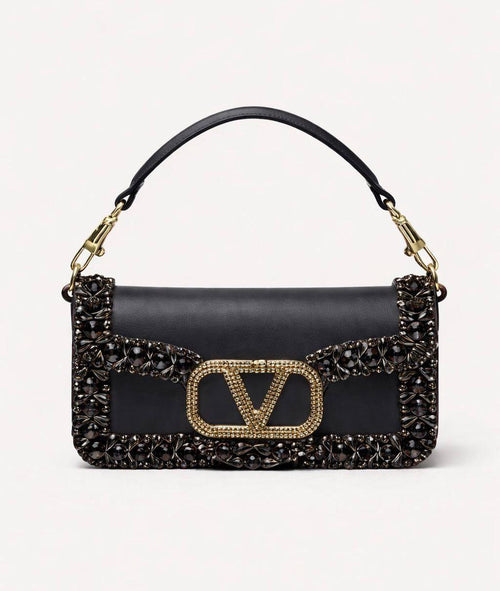 Valentino Garavani VLogo Loco Crystal-Embellished Leather Shoulder Bag (Black)