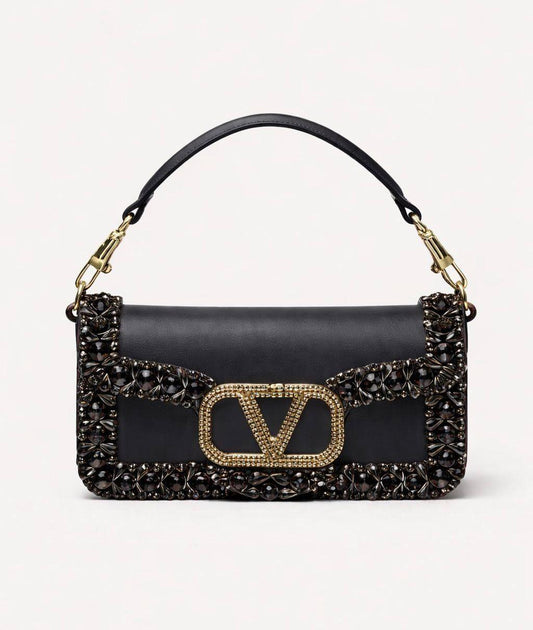 Valentino Garavani VLogo Loco Crystal-Embellished Leather Shoulder Bag (Black)