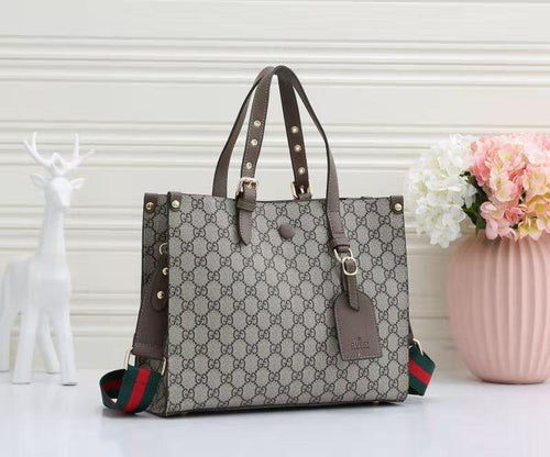 Gucci Ophidia Medium GG Tote Bag with Blue Leather Trim (Beige/Ebony GG Supreme with Brown Leather)