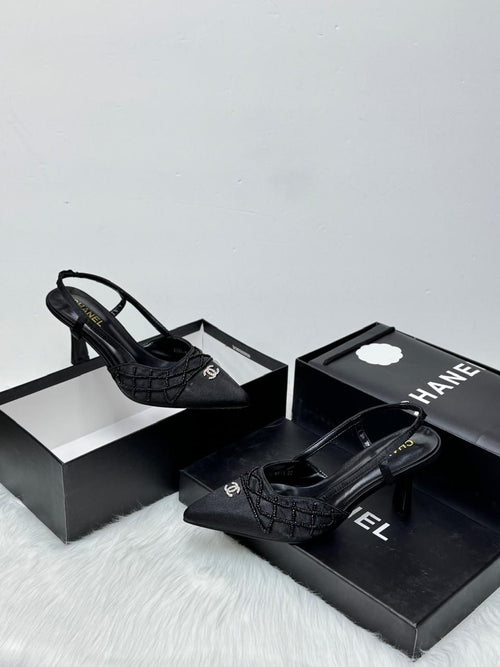 Chanel Beaded Satin Slingback Pumps (Black)