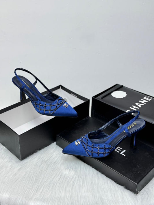 Chanel Beaded Satin Slingback Pumps (Blue)