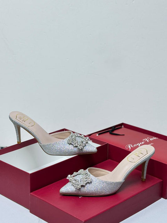 Roger Vivier Flower Strass Buckle Mules (Silver Glitter)