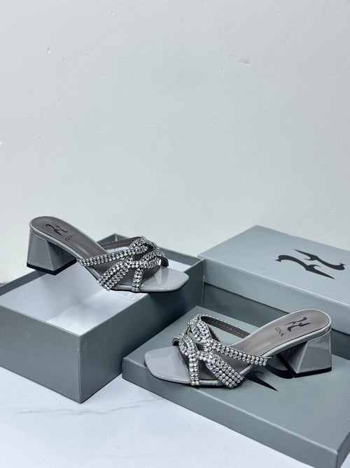 GINA Swarovski Crystal Knotted Block Mules (Grey)