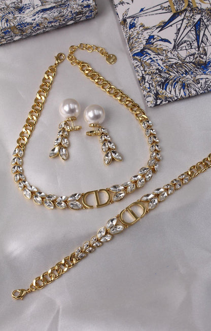 Dior Petit CD Baroque Jewelry Set (Gold-Finish Metal with White Crystals and Resin Pearls)