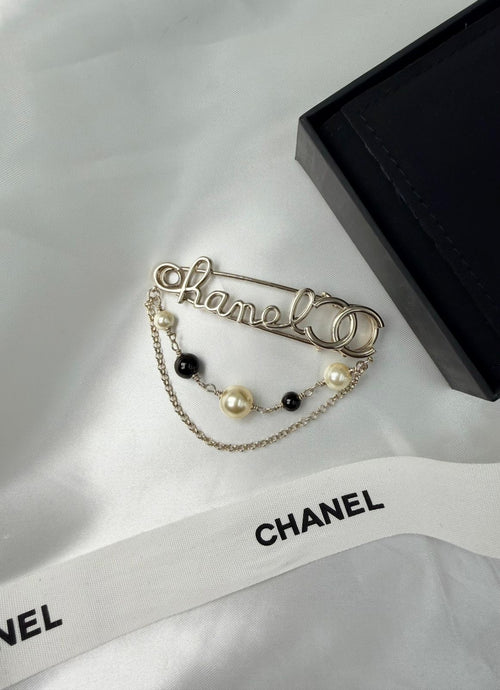 Chanel Script Logo Safety Pin Brooch (Champagne Gold/Pearl/Black)