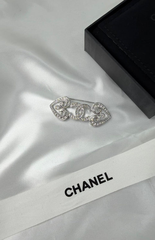 Chanel Heart CC Scroll Brooch (Silver / Crystal)