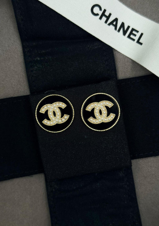 Chanel CC Pearl Round Button Earrings (Gold/Black/White)