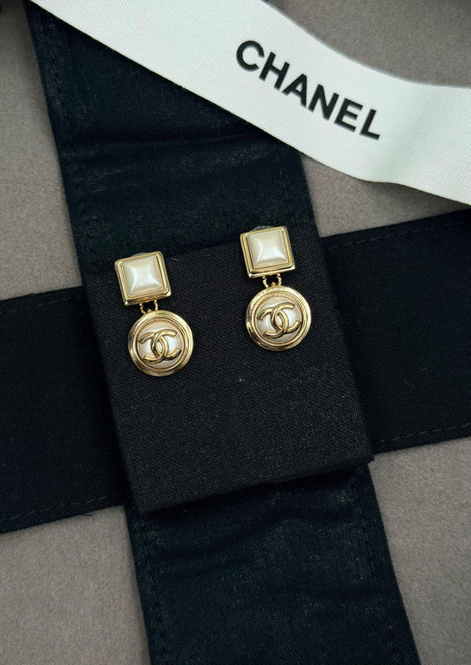 Chanel CC Square & Round Pearl Drop Earrings (Gold/Cream)